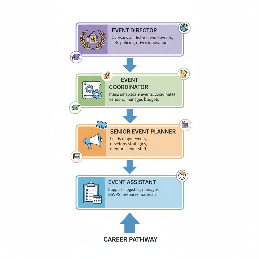 A visual representation of the career progression of an education event planner in K12 schools. It shows different levels starting from event assistant to event director. Career progression of an education event planner with relevant skills and certifications in K12 schools