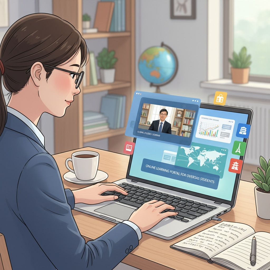 A student is shown studying online with a laptop. The screen displays various educational materials, indicating the online learning environment for overseas students. Online high school education for overseas students