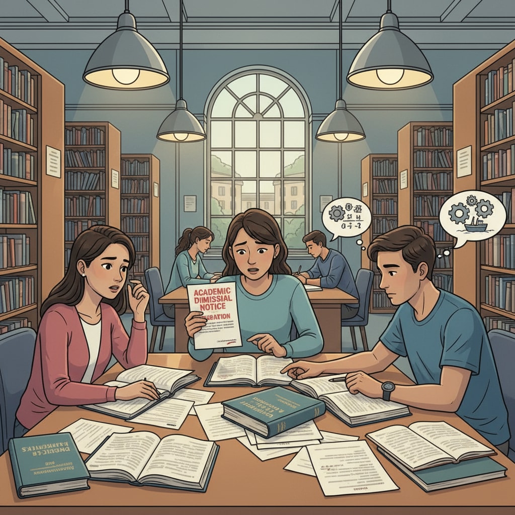 A group of students studying in a college library, which represents the academic environment where students face challenges related to academic dismissal, student failure, and university policies. Students in a college library, relevant to academic dismissal, student failure, and university policies