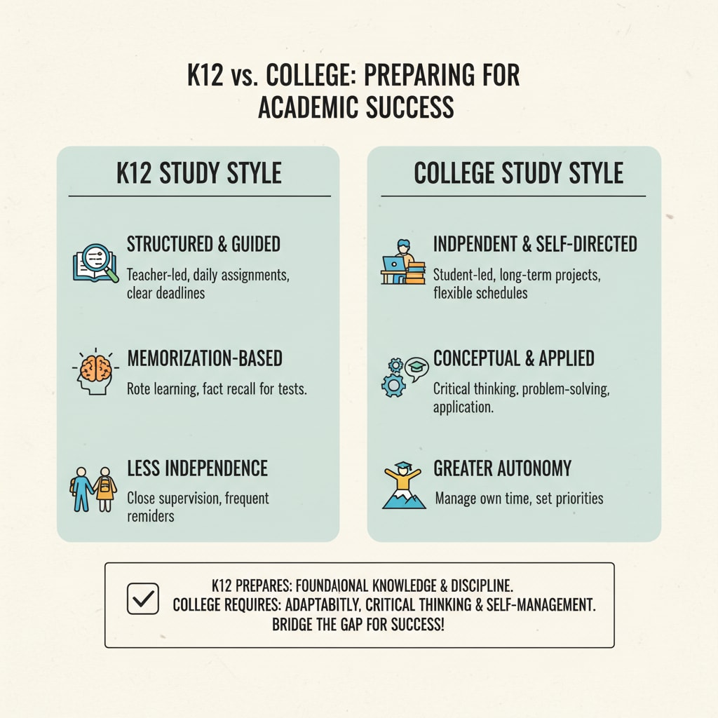 A comparison chart highlighting the differences in study styles between K12 and college, which is crucial in understanding how K12 can prepare students to avoid academic issues in college. Comparison of K12 and college study styles, related to academic dismissal, student failure, and university policies