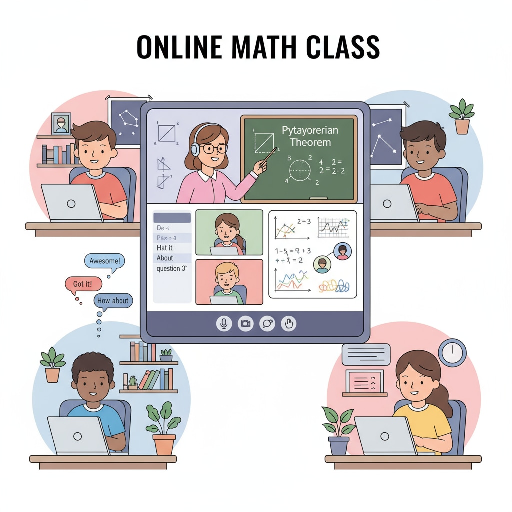 A group of K12 students are seen on their digital devices, attending an online math class. The teacher is visible on the screen, explaining math concepts, and the students are interacting through chat boxes and virtual whiteboards. K12 students engaged in an online math class as part of distance education for mathematics degrees