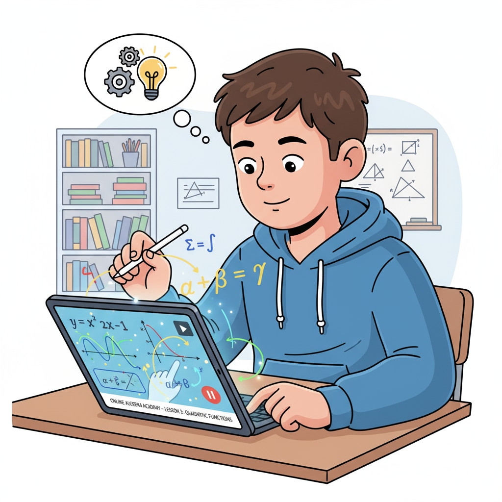 A student is using a tablet with interactive math software. Colorful graphs and equations are displayed on the screen, and the student is manipulating the elements to understand math concepts better as part of an online math course. Student using interactive math software for distance learning in mathematics