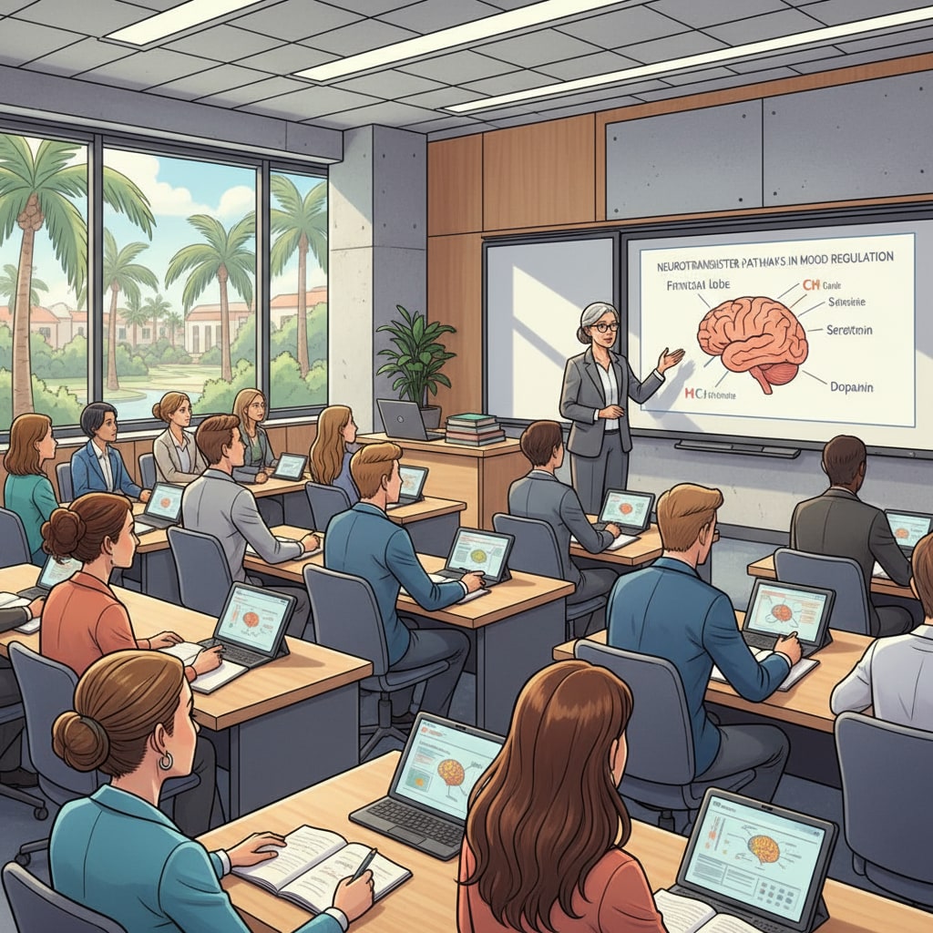 A group of psychiatry students attentively listening to a lecture in a modern Florida university classroom. Psychiatry students in a Florida university lecture related to psychiatry doctoral education