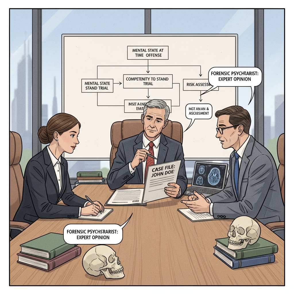 A forensic psychiatrist engaged in a consultation regarding a legal case, examining documents and discussing with legal professionals. Forensic psychiatrist consulting on a legal case as part of Florida's psychiatry doctoral education in forensic specialization