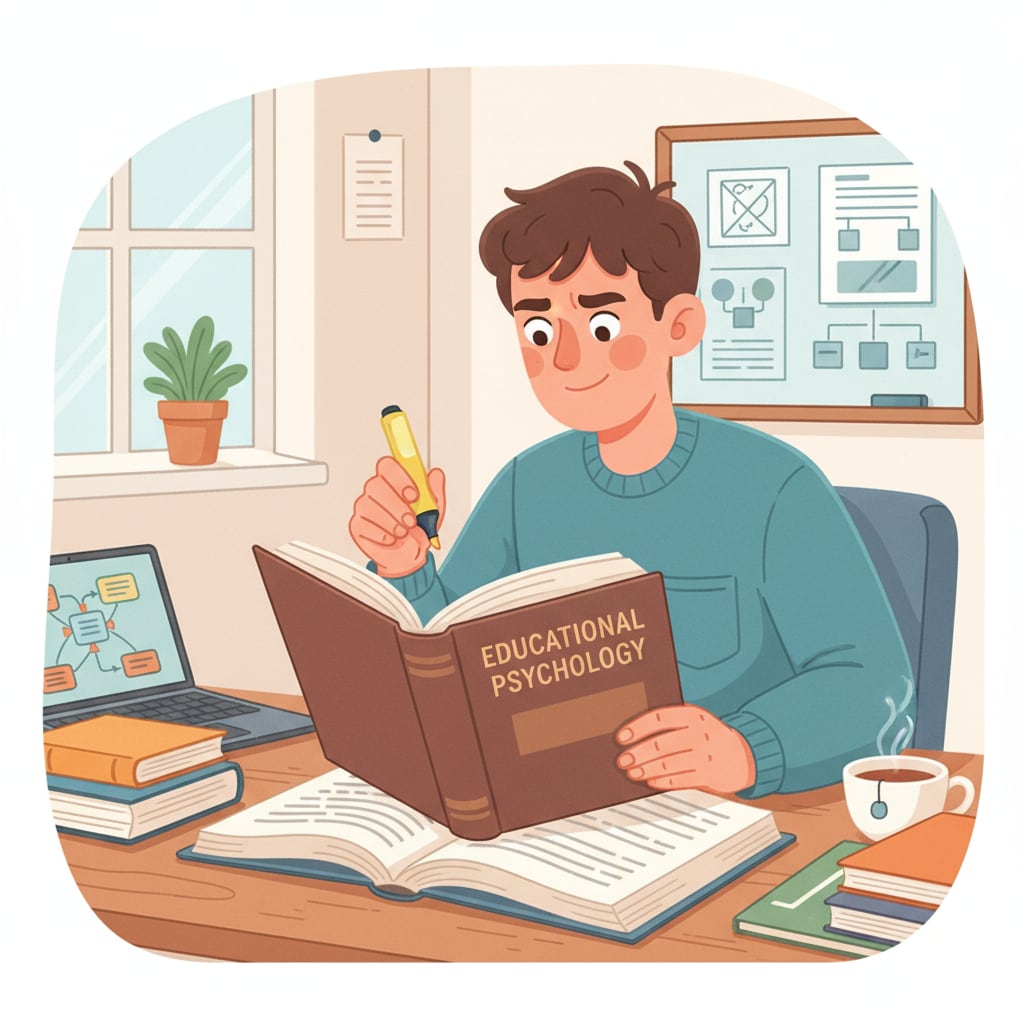 A student reading 'Educational Psychology' book, showing concentration and engagement. A student exploring an important introductory textbook in educational psychology.