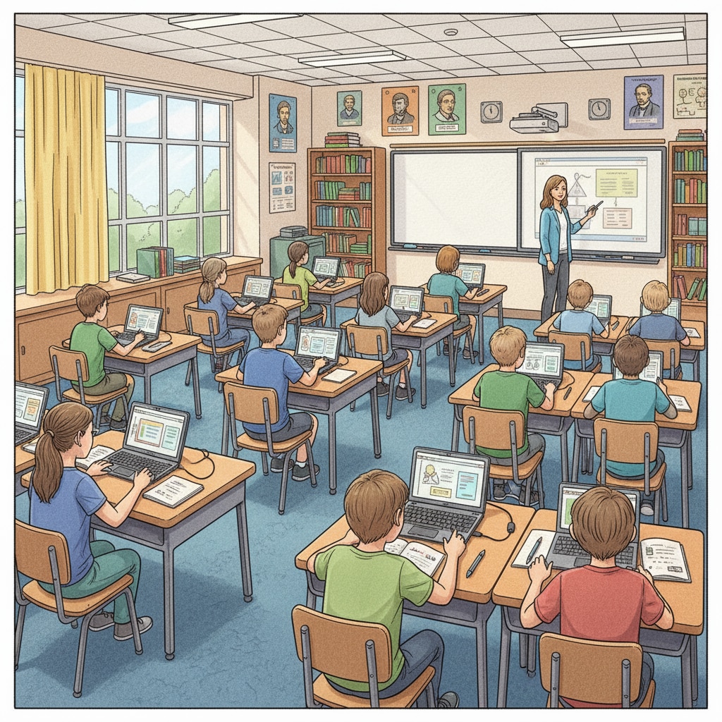A classroom scene where students are using tablets and laptops, but the overall learning atmosphere seems similar to a traditional classroom, indicating that the digital devices are not being used to bring about fundamental changes in learning. A classroom with digital devices showing limited educational innovation in K12 digital transformation