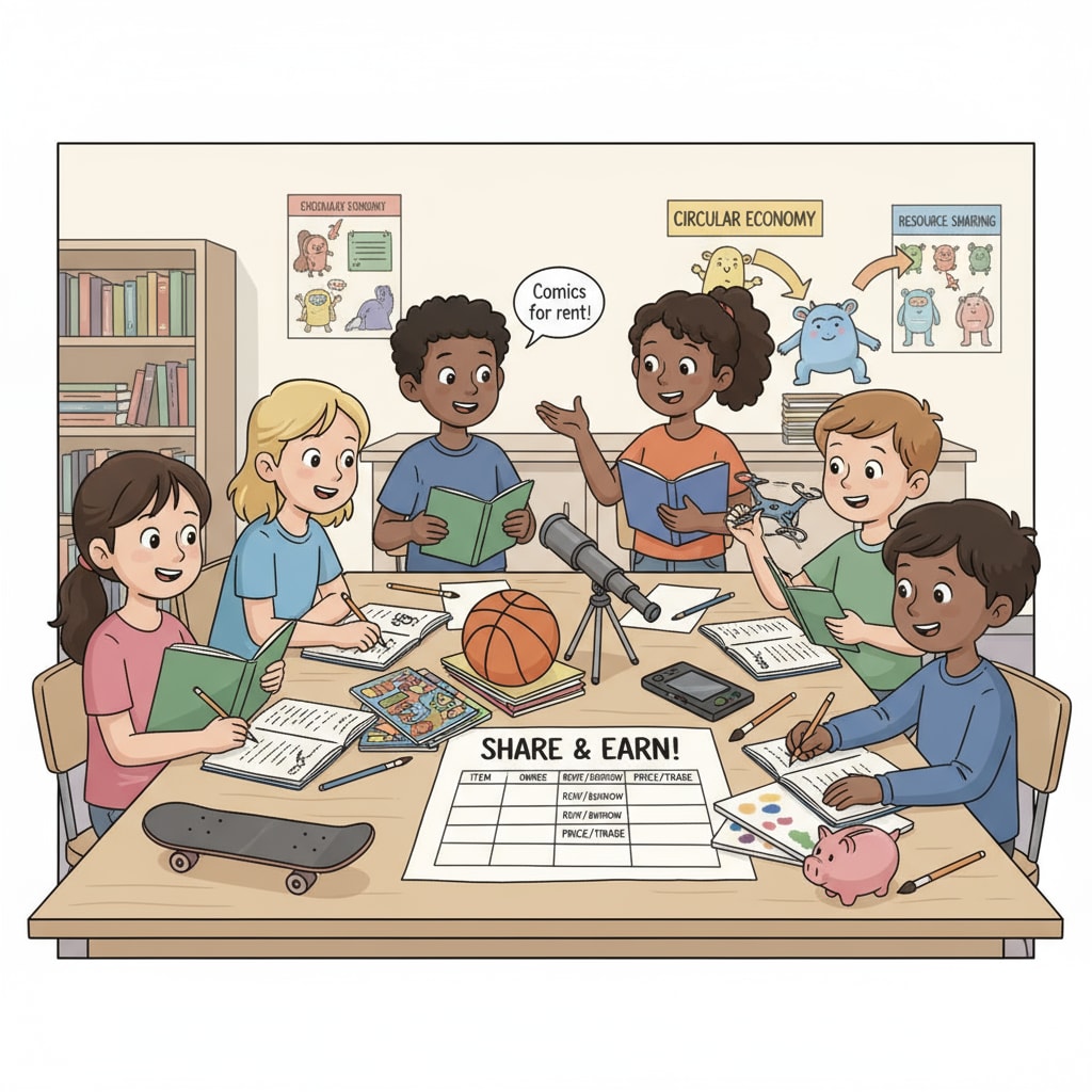 A group of K12 students are gathered around a table, discussing and planning how to share their idle items. Some are holding notebooks, writing down ideas, while others are showing the items they want to rent out. K12 students engaged in idle item sharing discussion related to student rental platforms and campus entrepreneurship