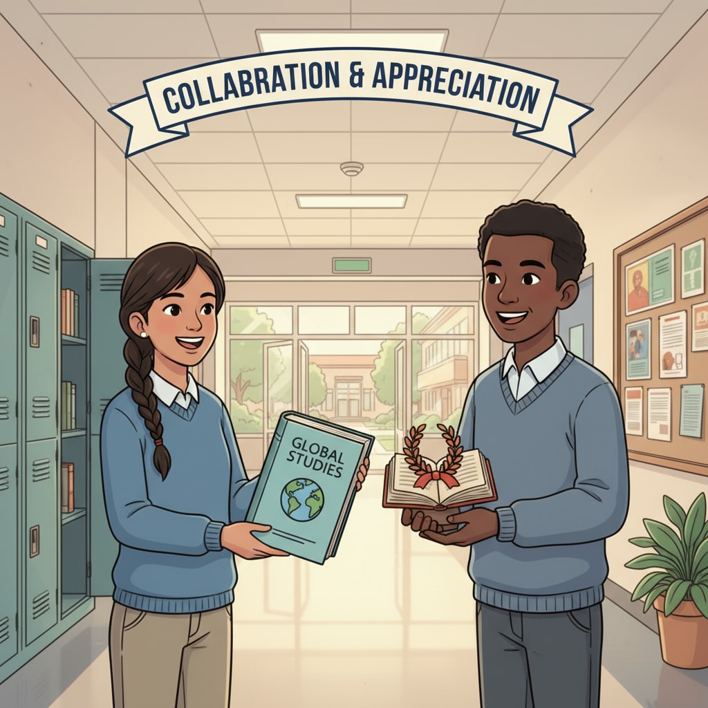 Two students are smiling as they exchange an idle item. One student is handing over a book, while the other is giving a small token of appreciation. There is a sense of happiness and cooperation in the scene. Students happily participating in idle item exchange within the context of student rental platforms and campus entrepreneurship