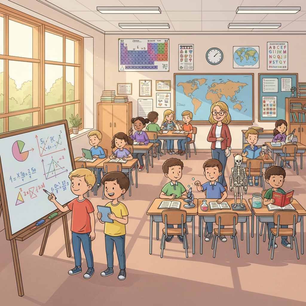 A middle school classroom filled with students actively engaged in studying various subjects like math, science, and English. Middle school students laying the foundation for a forensic psychology career