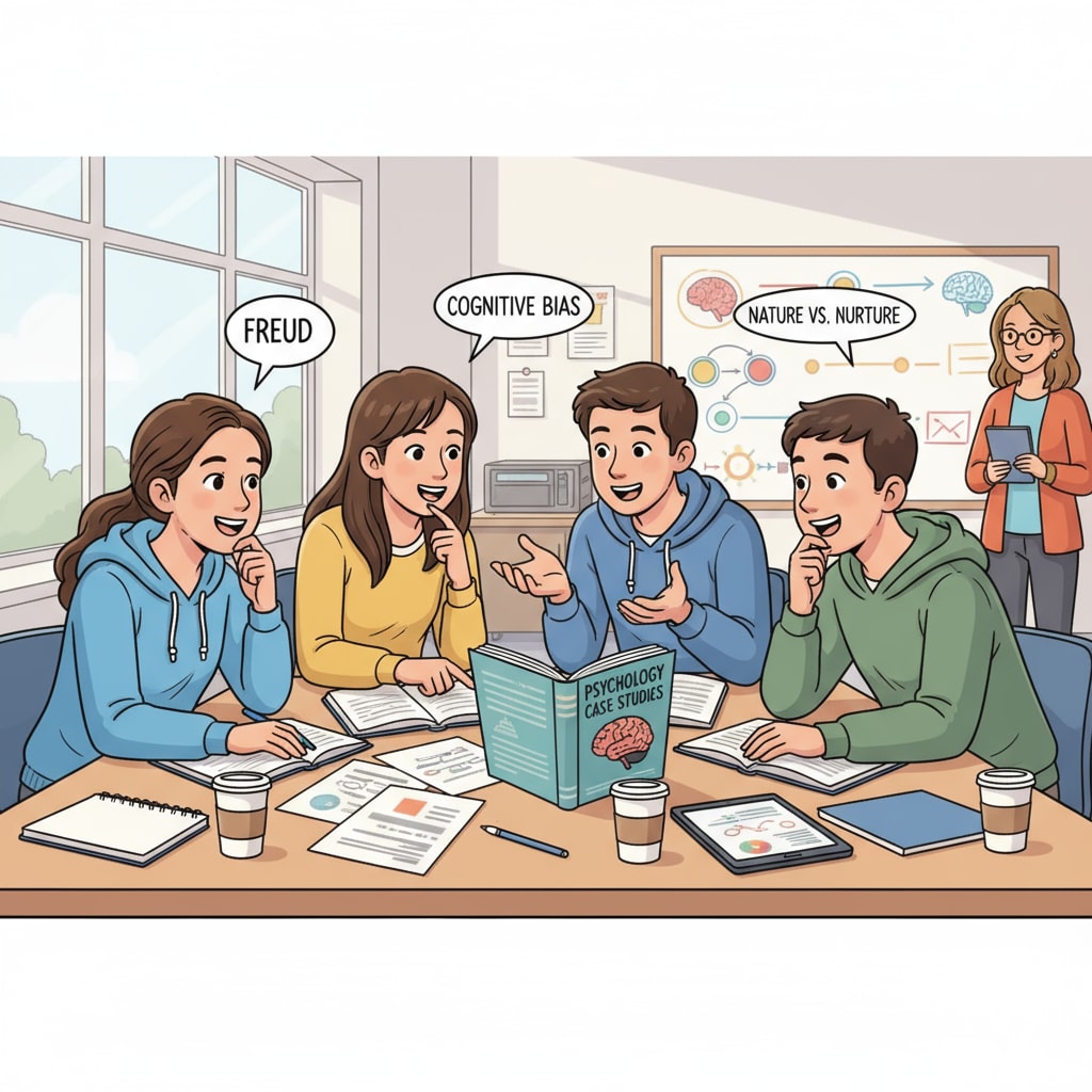 High school students gathered around a table, passionately discussing a case study in a psychology class. High school students exploring forensic psychology-related topics