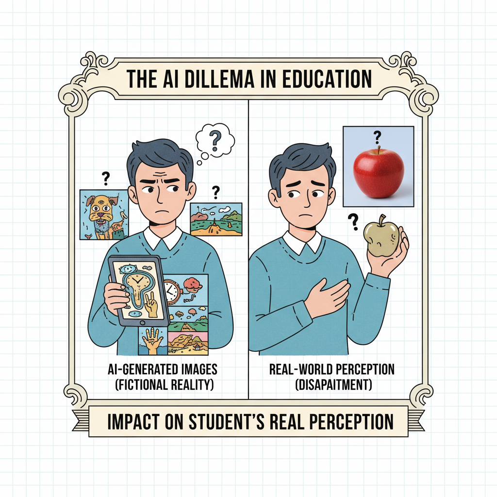 A student looking confused while viewing AI-generated images on a high school website, highlighting the impact on students' real perception. Student's confused reaction to AI-generated images on high school website in the context of educational ethics