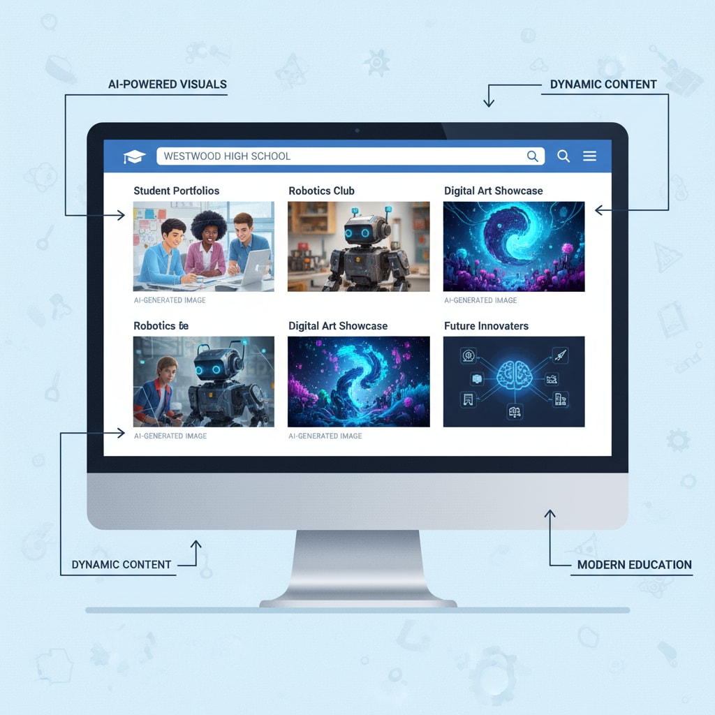 An illustration depicting a high school website with various AI-generated images being presented on its pages. AI-generated images on a high school website in the context of educational ethics