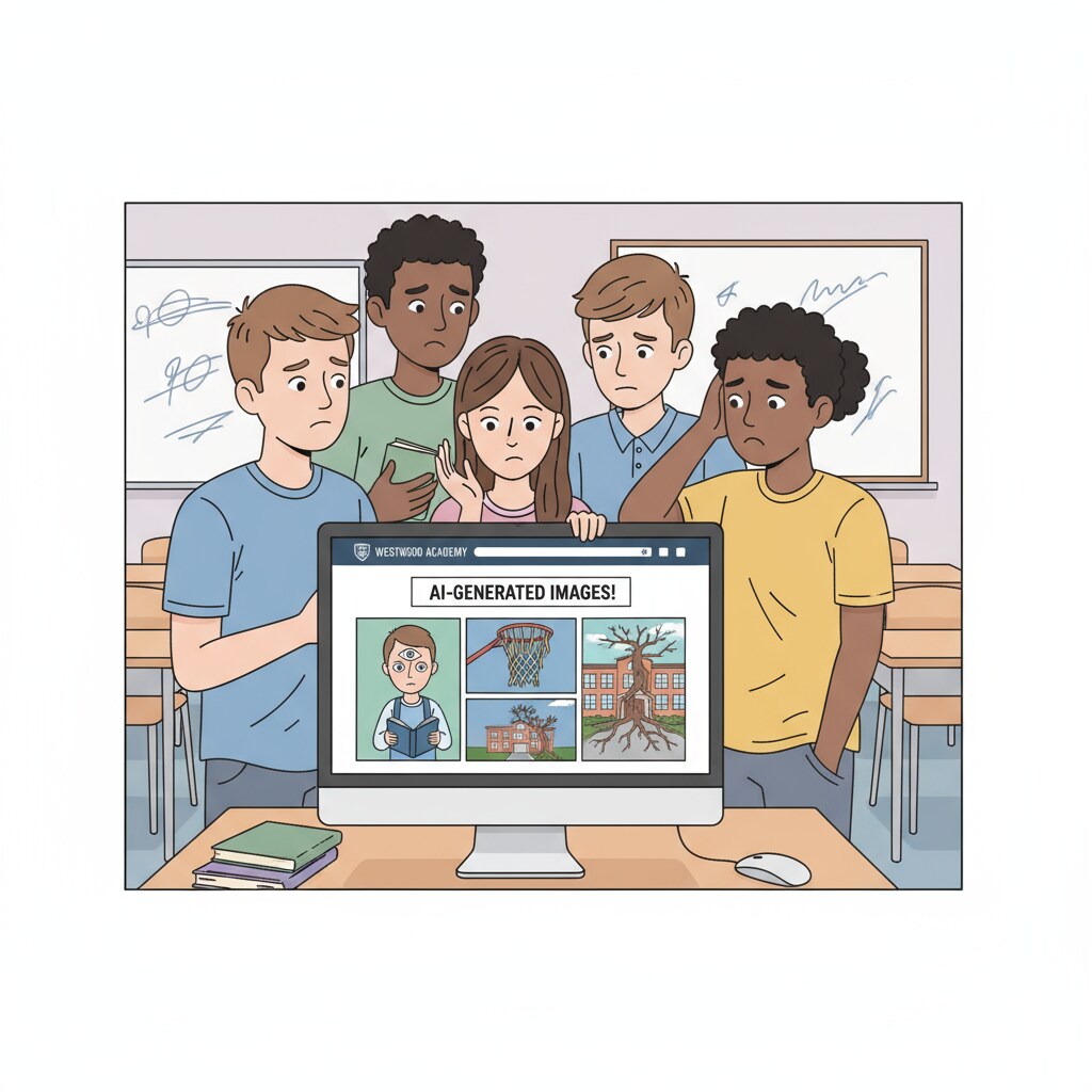 A scene showing a group of students gathered around a computer, looking at a high school website with AI-generated images, and their faces show signs of confusion. Students looking at AI-generated images on a high school website related to educational ethics