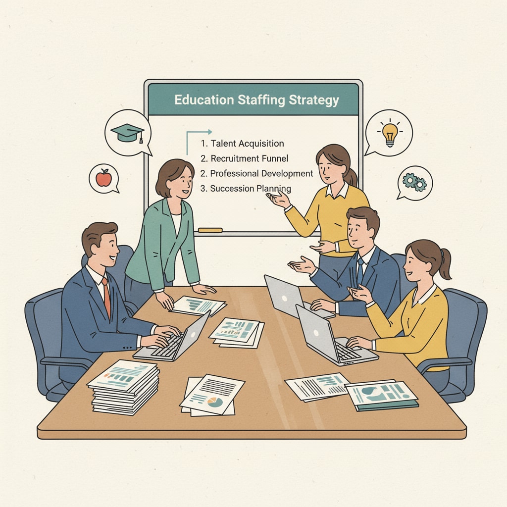 A group of HR professionals are sitting around a conference table, discussing strategies related to education staffing. There are papers and laptops on the table, and everyone looks engaged. HR professionals in an education - related discussion for career transition and school district work