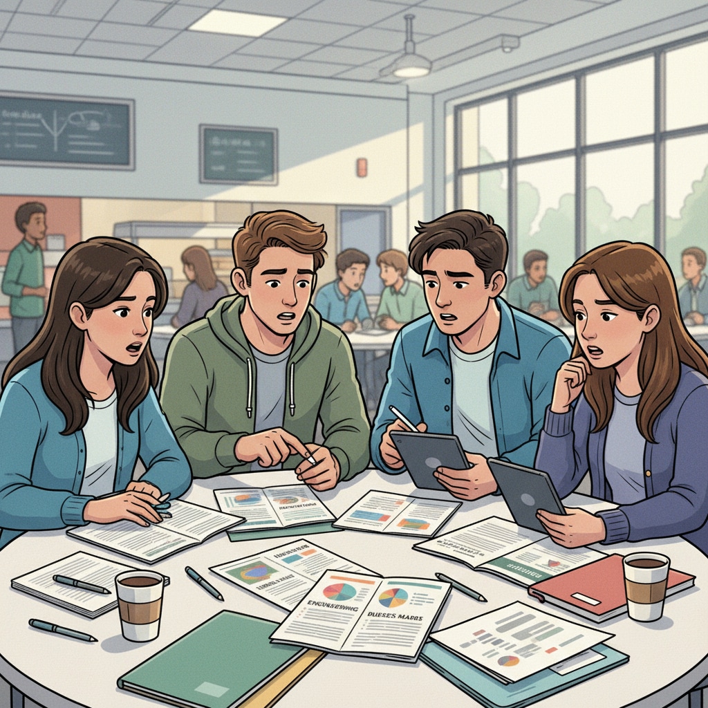 A group of students are sitting around a table in a college cafeteria, looking at course brochures and having a serious discussion about which majors to choose. K12 students discussing university major selection while lacking academic enthusiasm but desiring social experience in a cafeteria