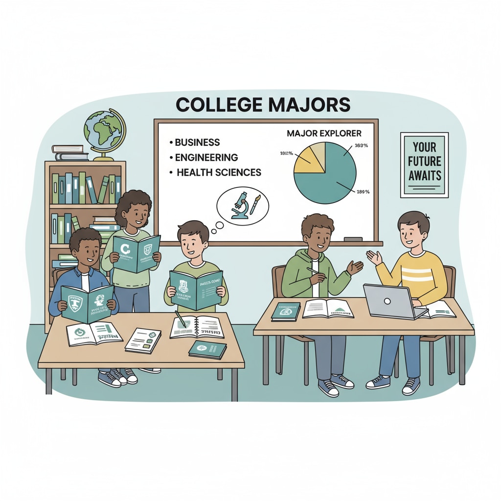 A group of high school students are engaged in a discussion about college majors in a classroom setting. Some are looking at brochures, while others are jotting down notes. High school students discussing college major choices related to career planning and interest exploration