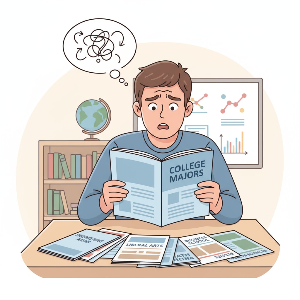 A single student is sitting at a desk, looking perplexed as they leaf through college major brochures, clearly in a state of confusion about their future choices. A confused student browsing college major brochures in relation to career planning and interest exploration