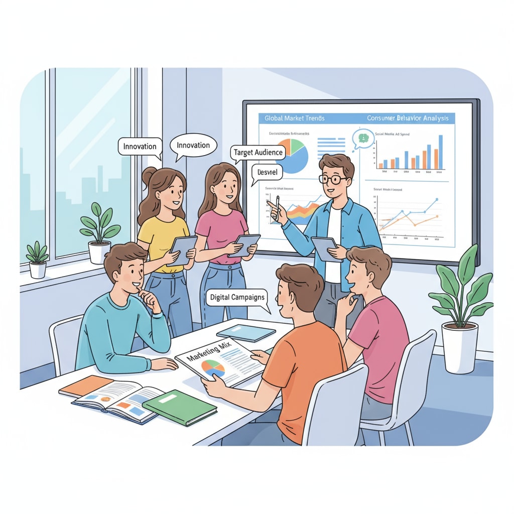 A group of students are engaged in a lively discussion about marketing strategies in a modern classroom setting. They are looking at charts and presentations related to market trends. Marketing discussion in a classroom for business students exploring higher education and career planning