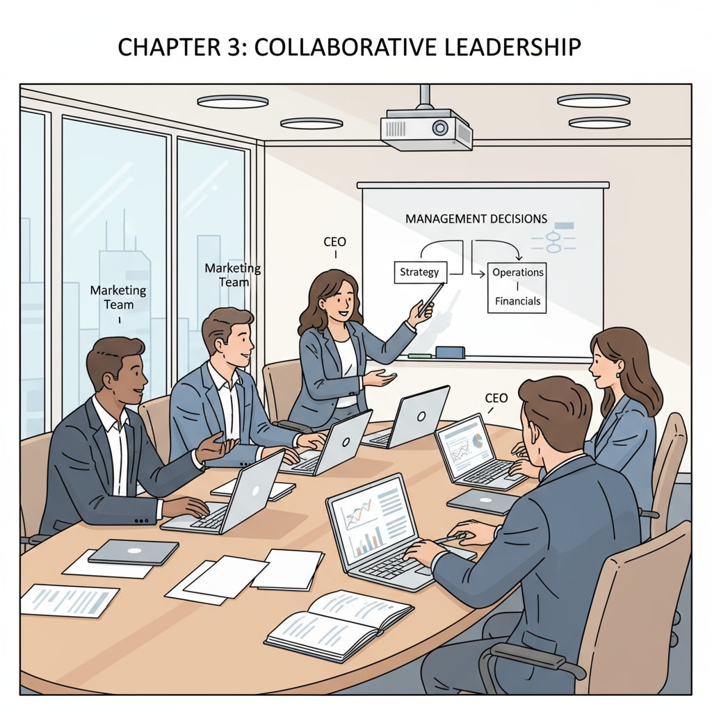 A business meeting is taking place. People are sitting around a table, discussing management decisions. There are laptops and documents in front of them. Business meeting for discussing management decisions relevant to business students' career planning and higher education