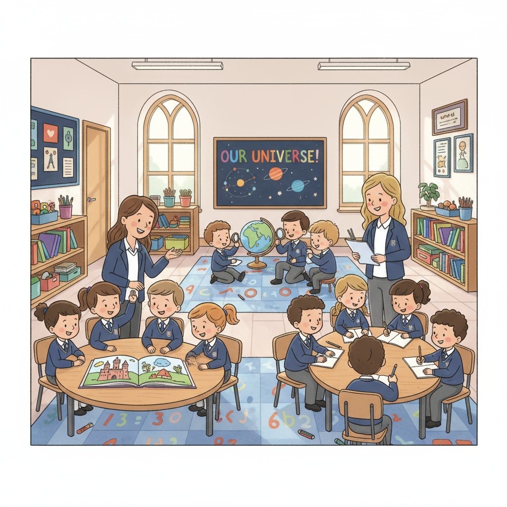 A classroom scene in a UK private primary school where students are engaged in learning activities. UK private primary school classroom for scholarship students