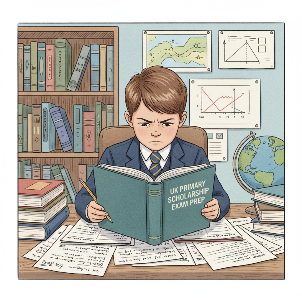 A child sitting at a desk, surrounded by books and papers, studying hard for a UK private primary school scholarship application. Child preparing for UK private primary school scholarship