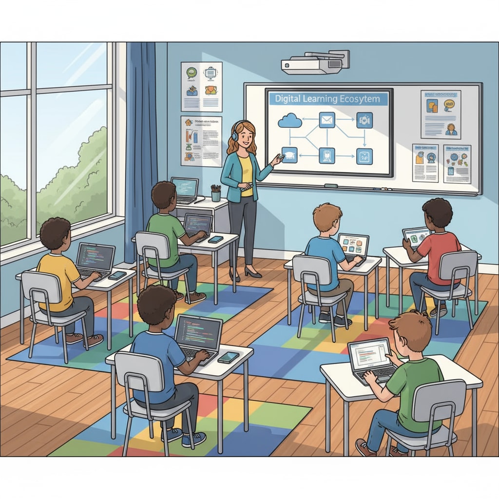 Students in a middle school classroom using digital devices for learning in the post-pandemic era with digital learning.