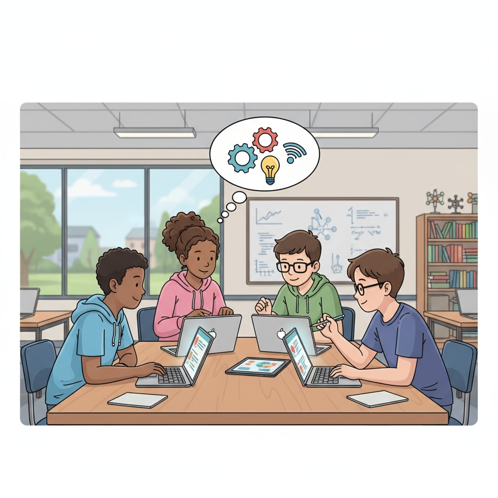 Middle school students collaborating on a digital project in the context of post-pandemic secondary education with digital learning.