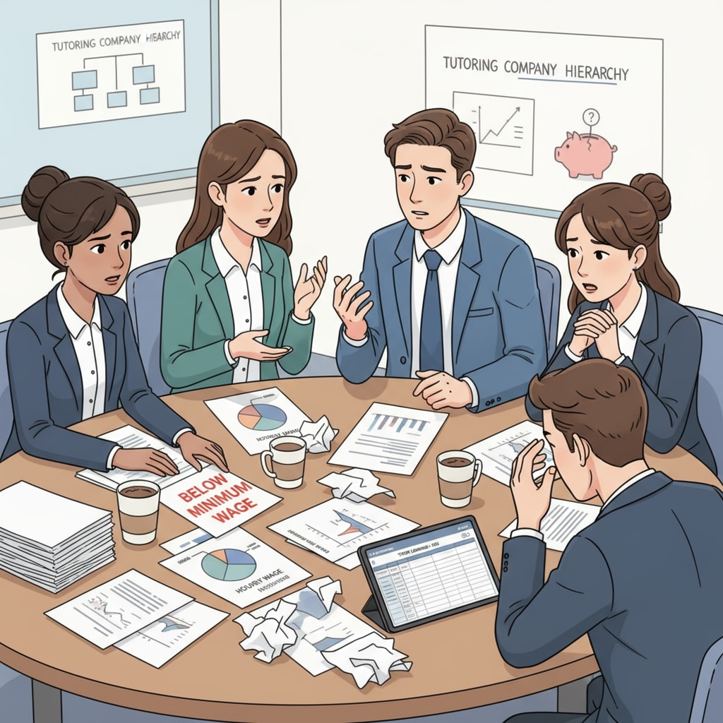 A group of young people, presumably university graduates, are sitting around a table, looking concerned as they talk about their low earnings in a tutoring company. There are papers and cups of coffee on the table. University graduates in Australia discussing their low pay in a tutoring company