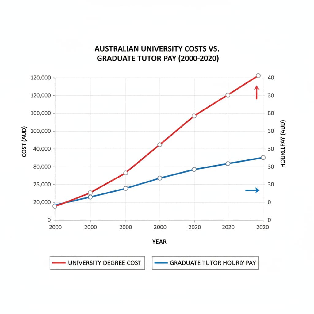 A line graph with two lines. One line shows the increasing cost of university education in Australia over the years, and the other shows the relatively flat pay rate of tutoring jobs for graduates. Graph depicting the rise in university education cost and stagnant tutoring pay for graduates in Australia