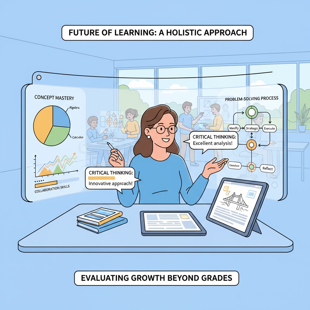 A teacher is carefully evaluating students' work in a new educational assessment system, checking various aspects of their learning process. A teacher evaluating students' work in a new assessment system related to AI in homework, grade inflation, and educational assessment