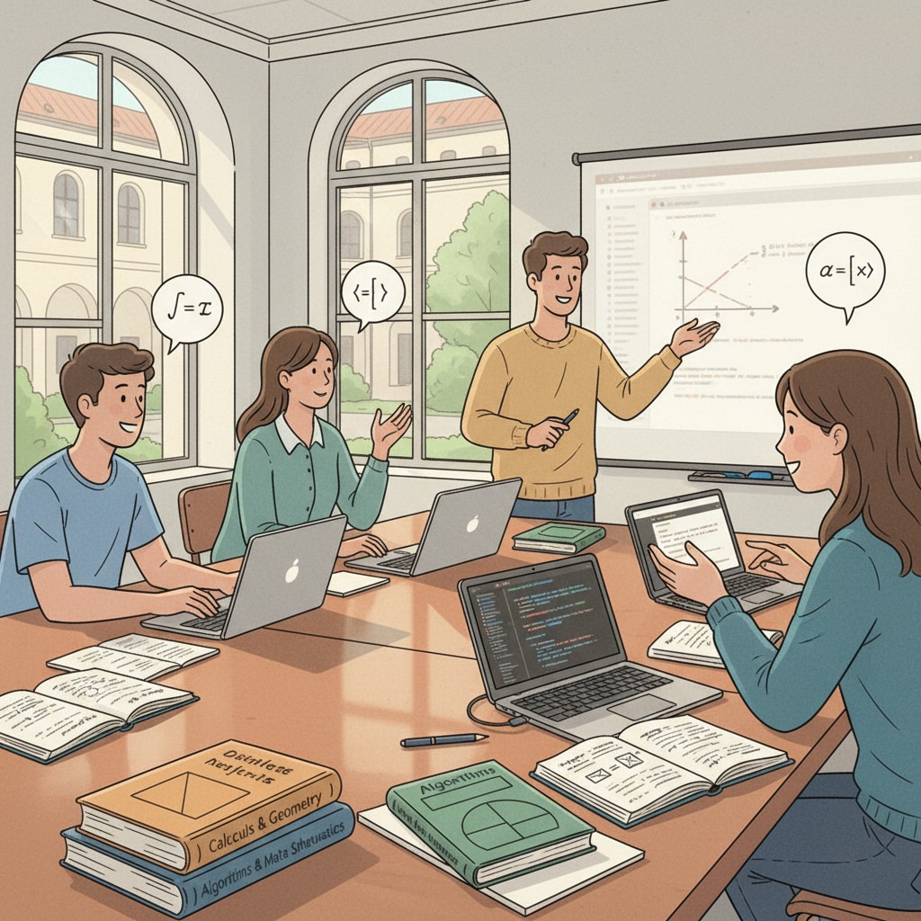 Students are having an in-depth discussion about math and programming concepts in a European university classroom, with textbooks and laptops on the table. Students discussing math and programming in a European university setting for major selection
