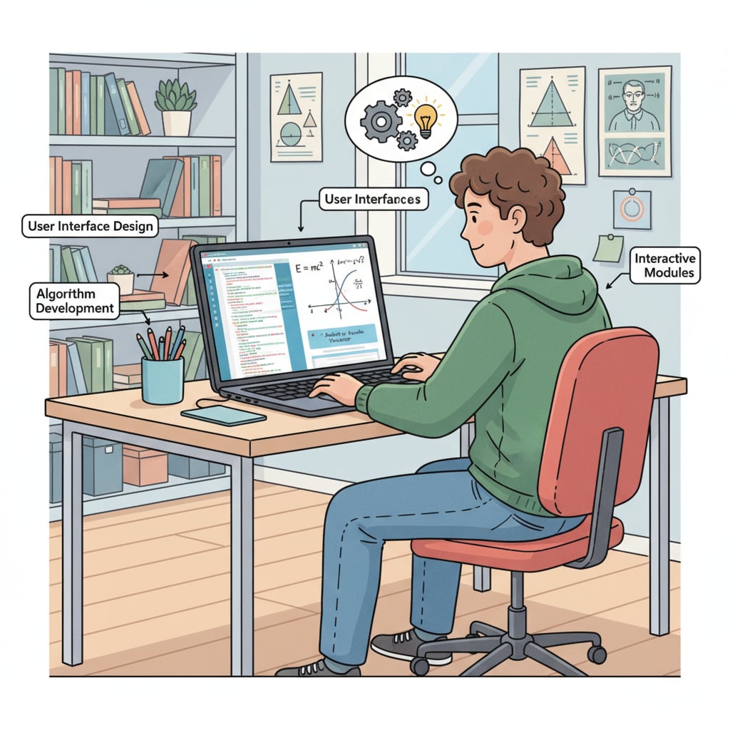 A student is concentrating on using a computer to design educational software related to math, with various programming codes and math formulas on the screen. Student designing math-related educational software for European study major choice