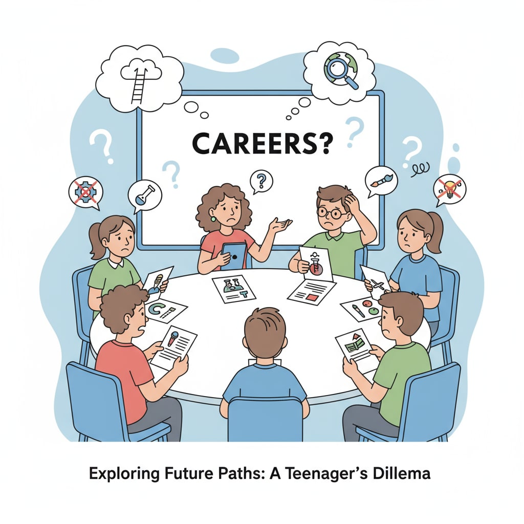 A group of teenagers sitting together, discussing their career ideas with confused expressions. Teenagers discussing career choices under parental pressure and seeking autonomy.