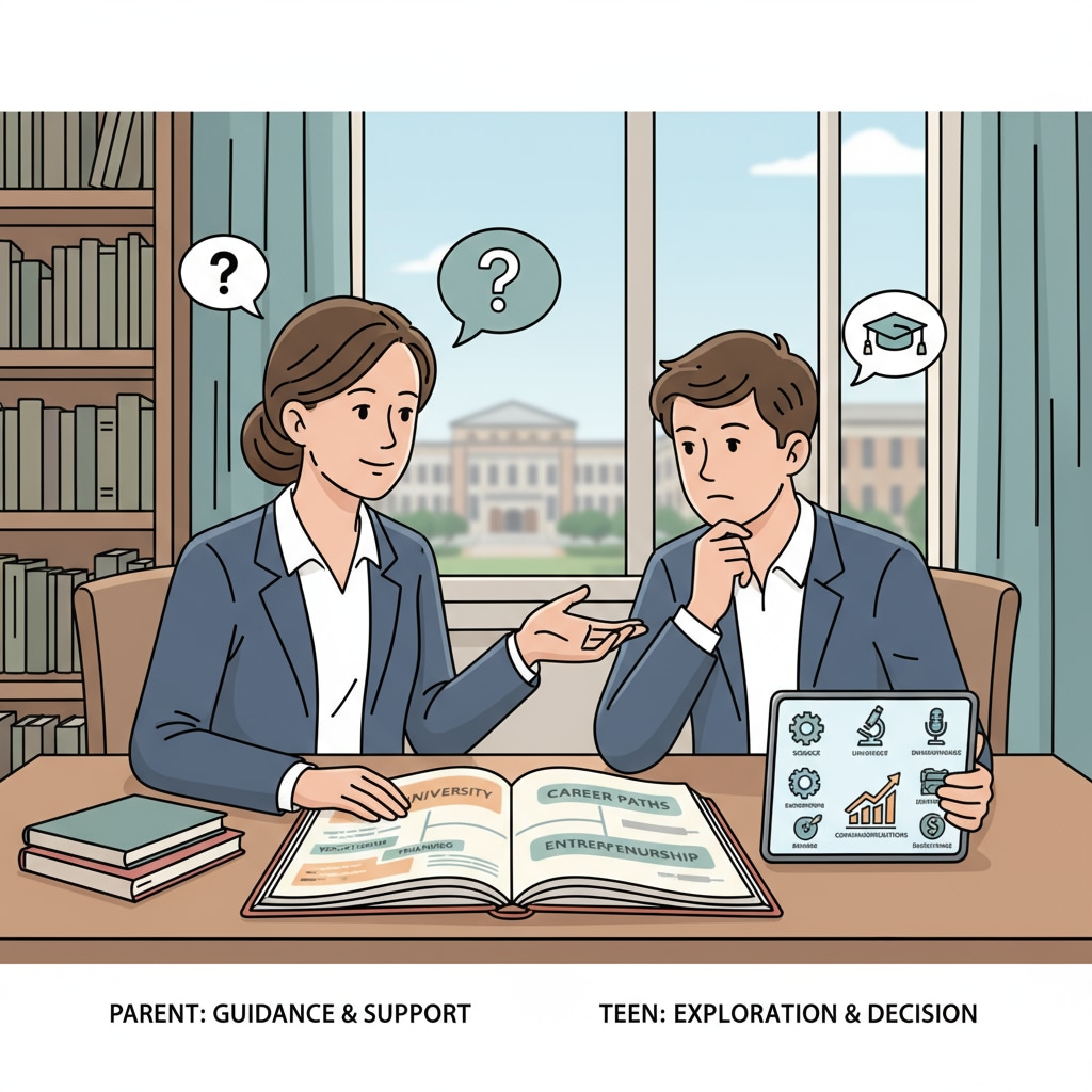 A parent and a teen having a serious conversation about career choices. A parent-teen conversation regarding career choice, highlighting the conflict of parental pressure and teen autonomy.