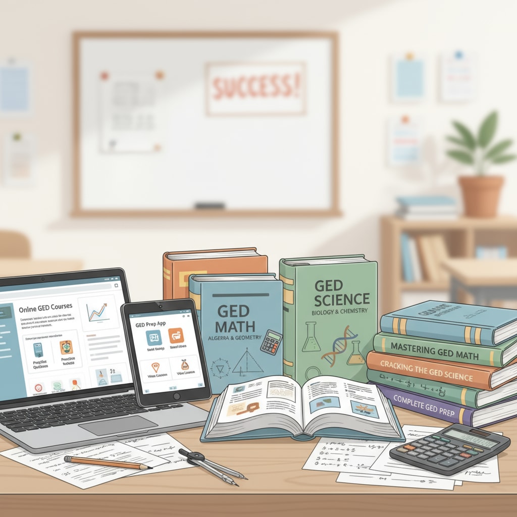 A collection of books and digital materials on a table, showing titles related to GED math and science preparation. GED math and science preparation materials