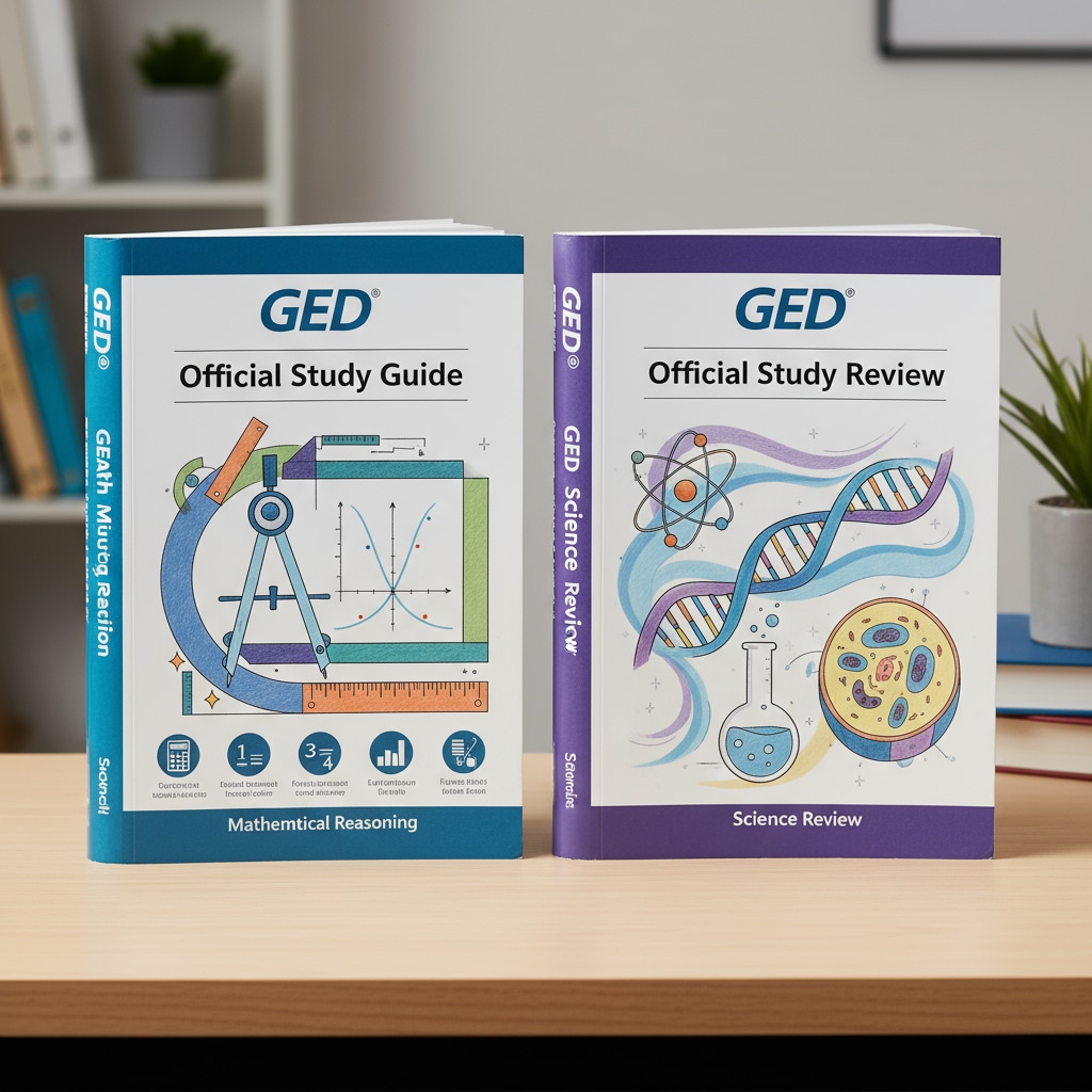 Official GED study guides with covers showing math and science topics. Official GED math and science study guides