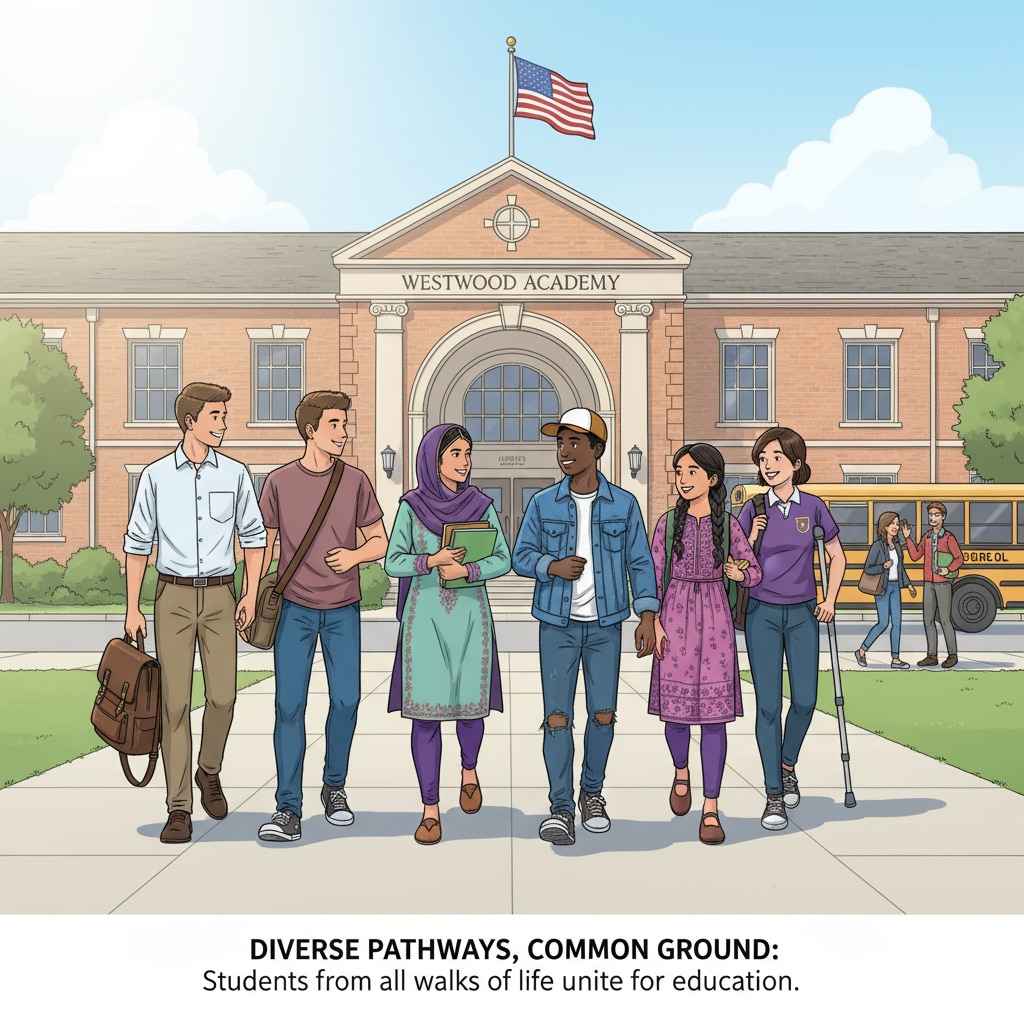 A group of students from different social classes walking into an American school building, showing the diverse backgrounds entering the educational institution. Students from different social classes entering an American school related to the US school system's role in social class screening.