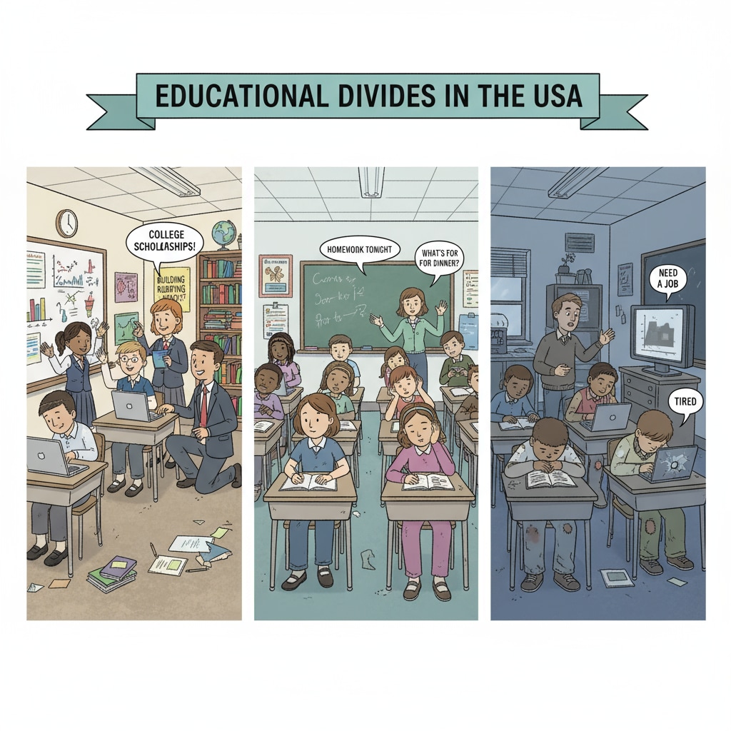 A classroom scene with students from different social classes having different levels of engagement, highlighting the differences in educational experiences within the US school system. Classroom scene of students from different social classes in an American school, relevant to the US school system and social class screening.
