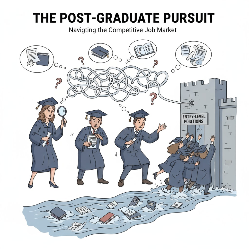 A group of graduates looking worried while searching for jobs, representing the challenges faced by degree holders in the competitive job market. Graduates struggling in the job market related to university degrees, job market, and career development
