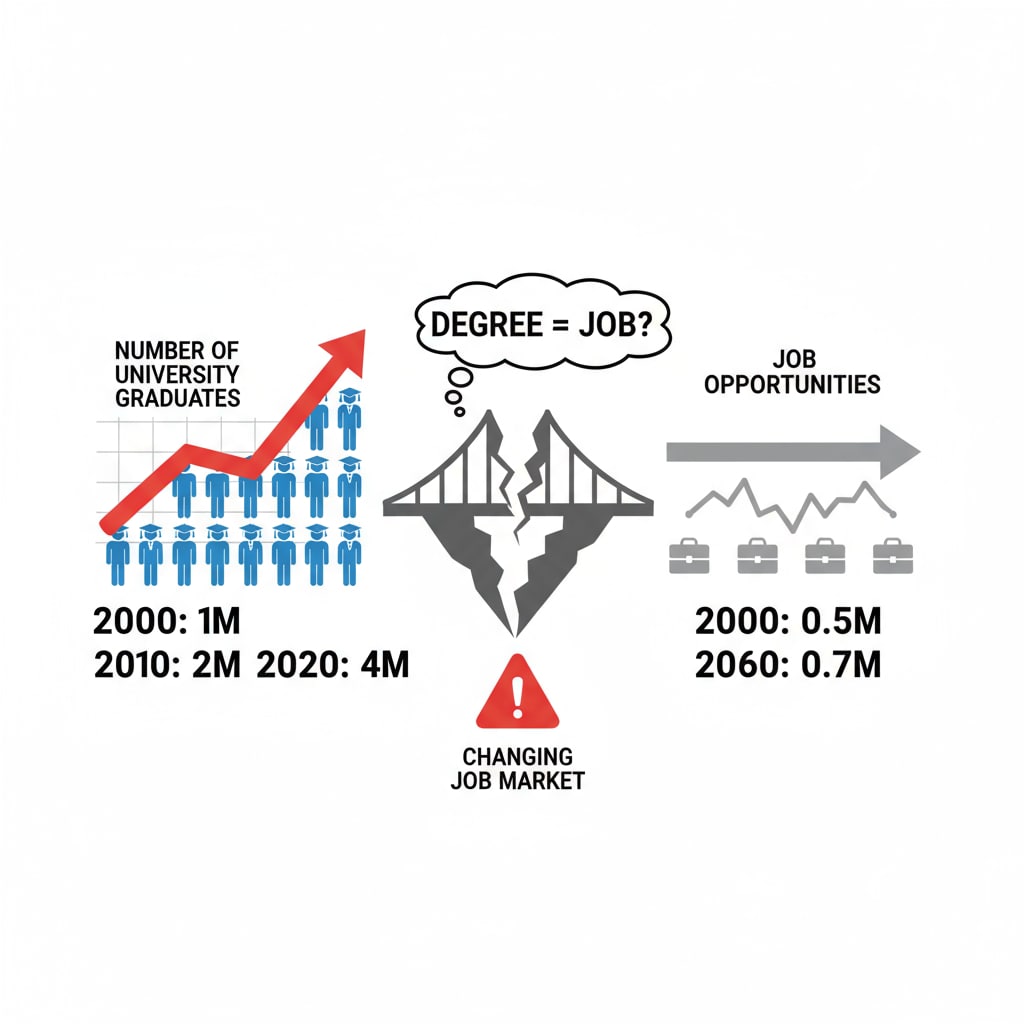 A graph showing the increasing number of graduates and stagnant job opportunities, highlighting the changing relationship between university degrees and the job market. Graph depicting the job market situation for graduates in relation to university degrees, job market, and career development