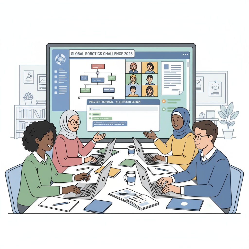 International students are shown working together on an online project, with screens displaying various documents and discussions related to an extracurricular activity. International students collaborating on an online extracurricular project for university applications and scholarships