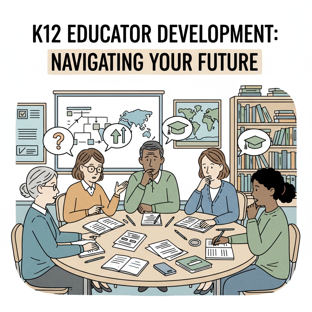 A group of K12 educators are sitting around a table, having a serious discussion about their career development options, with papers and pens in front of them. K12 educators discussing academic upgrade, career choice, and additional education