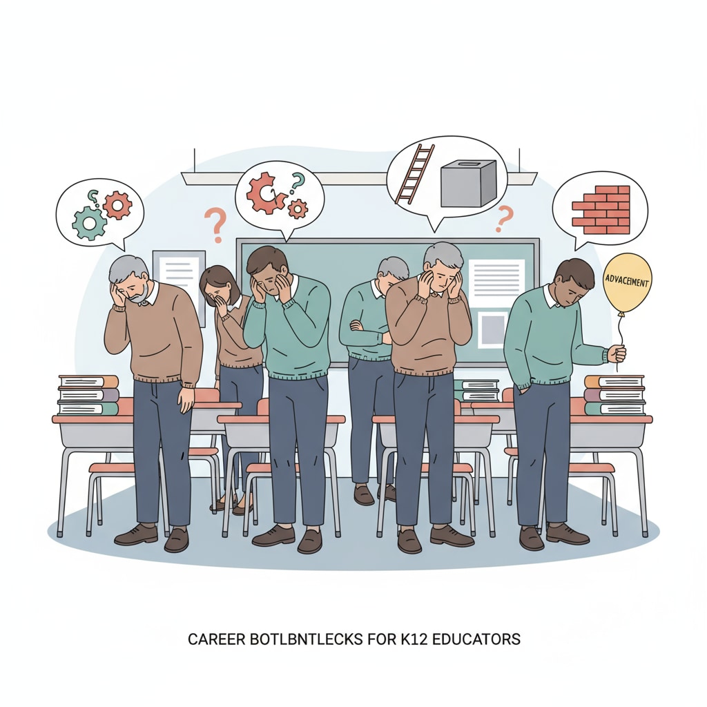 A few K12 educators are standing in a classroom, looking frustrated with their heads down, as they face career bottlenecks. K12 educators facing career bottlenecks related to academic upgrade, career choice, and additional education
