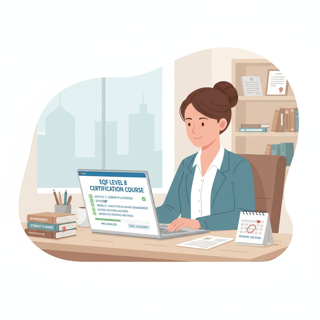 An illustration depicting a full-time worker sitting at a desk, with a laptop open showing an online EQF 8 qualification certification course interface. A full-time worker studying an online EQF 8 qualification certification course