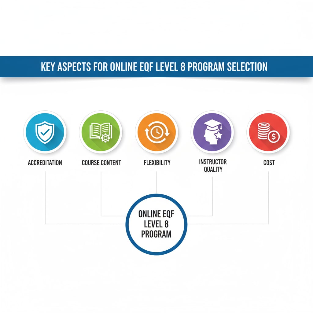 A graphic with icons representing accreditation, course content, flexibility, instructor quality, and cost, which are important aspects in selecting an online EQF 8 program. Graphic showing aspects of selecting an online EQF 8 program
