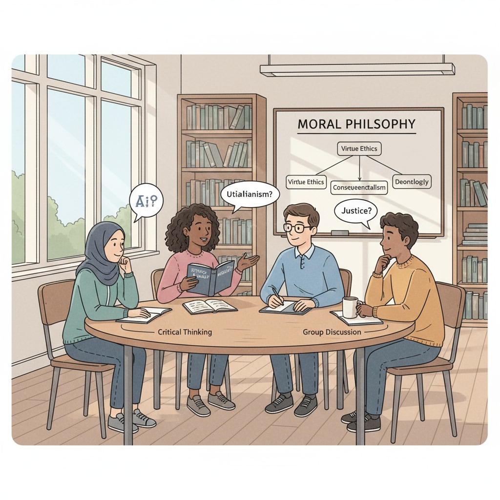 A classroom scene where students are actively discussing moral philosophy topics. Students discussing moral philosophy, ethics, empathy in a classroom setting related to compulsory courses