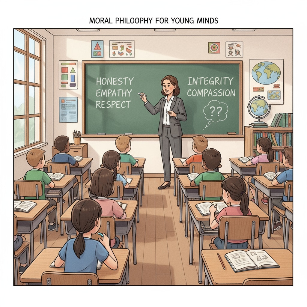 Students paying close attention as a teacher presents moral concepts on the board. Students listening to moral philosophy, ethics, empathy teachings as part of compulsory courses
