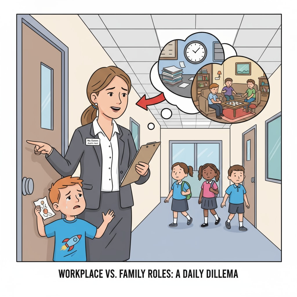 An elementary school administrative assistant interacting with a child who is her cousin in the school corridor. The scene shows the potential conflict between workplace and family roles. An image depicting workplace relationships, kinship boundaries, and child behavior management in an elementary school setting.