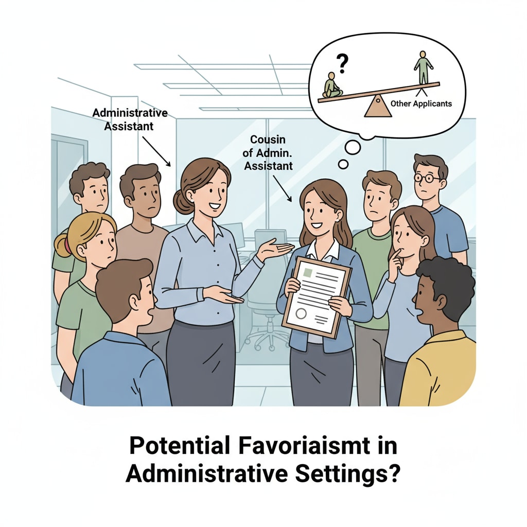 A group of students looking at the administrative assistant and her cousin, with expressions of curiosity. This represents the perception of favoritism that can occur in such situations. Image showing the challenges of kinship boundary management in an educational workplace related to child behavior management.