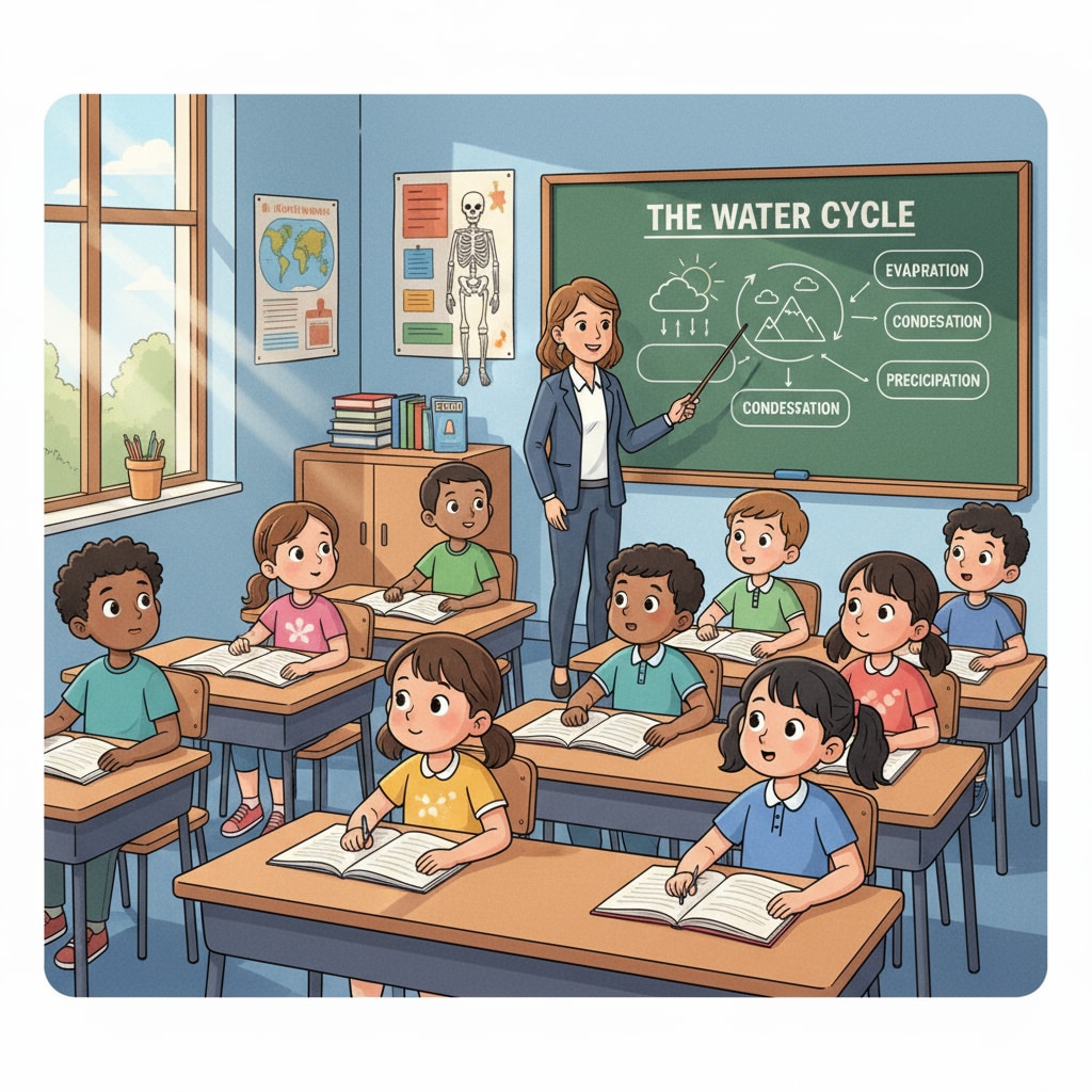 A classroom scene where students are sitting at their desks, looking attentively at the teacher who is standing in front of the blackboard, explaining a lesson. A classroom scene with students attentively listening to the teacher related to lecture attendance, concentration, and self-directed learning